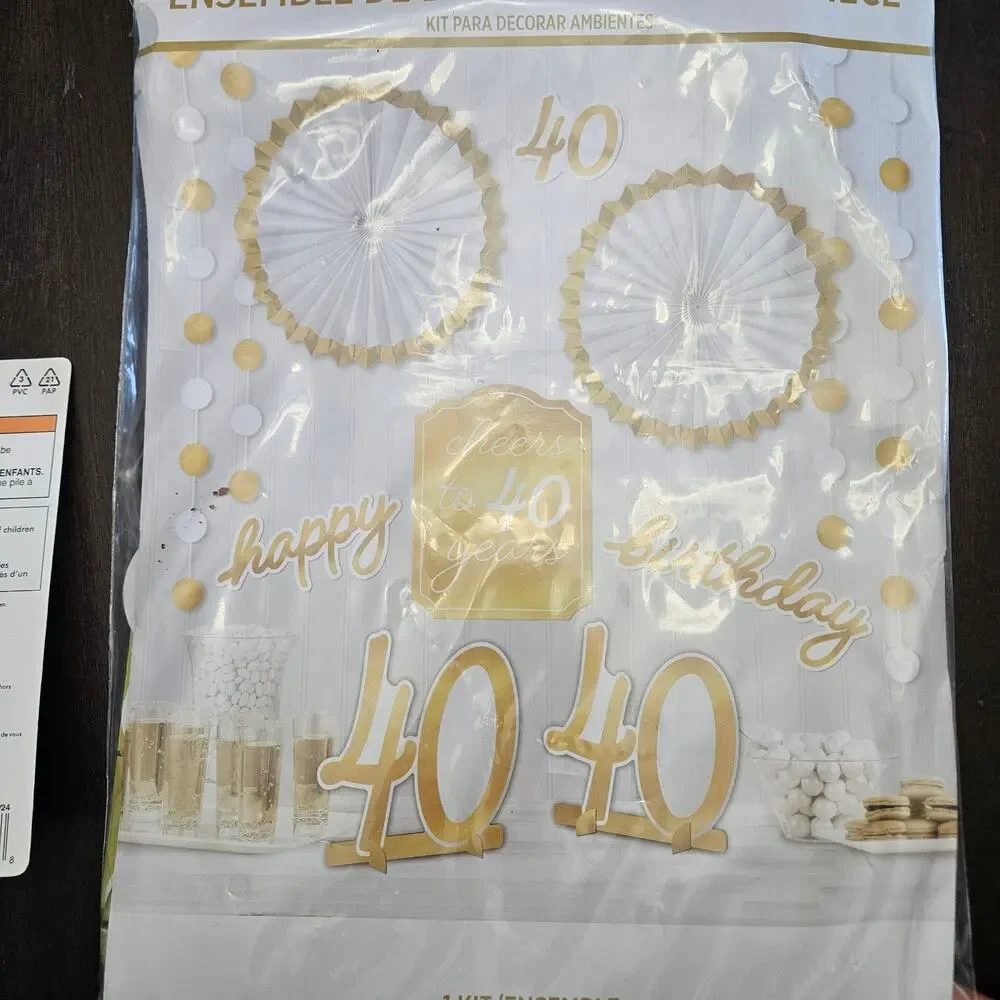 40th Birthday Room Decorating Kit + ICANDLES 40 Candle Set Gold White NEW in Box